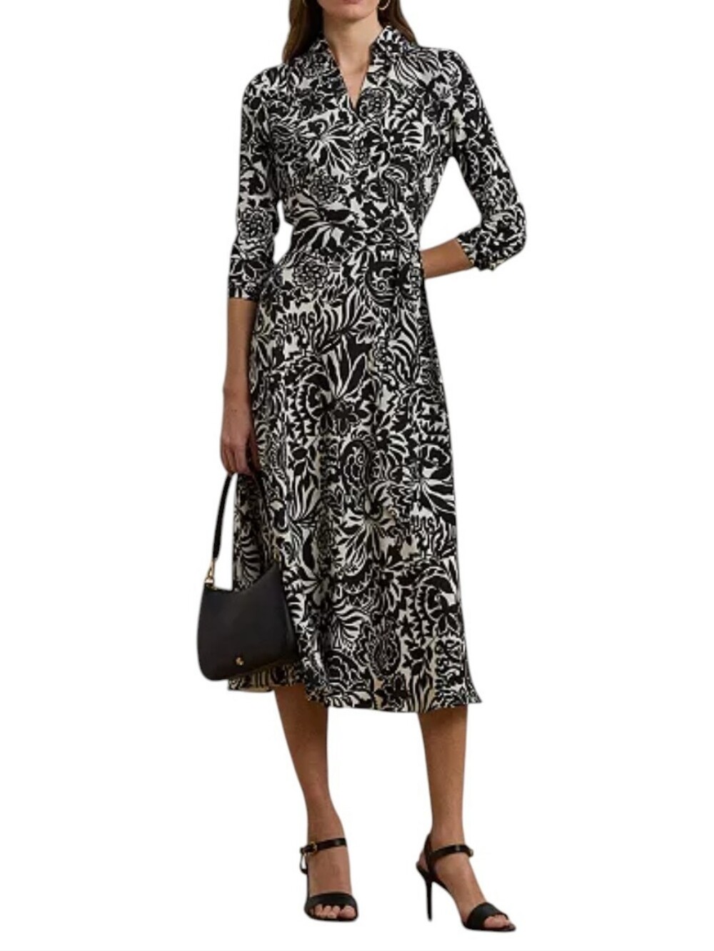 LAUREN RALPH LAUREN Rowella Midi Collared Belted Black White Floral Long Sleeve